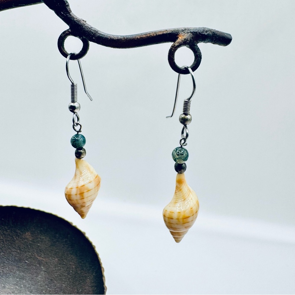 Handmade Shell Drop Earrings | Natural Seashell & Green Stone Boho Jewelry